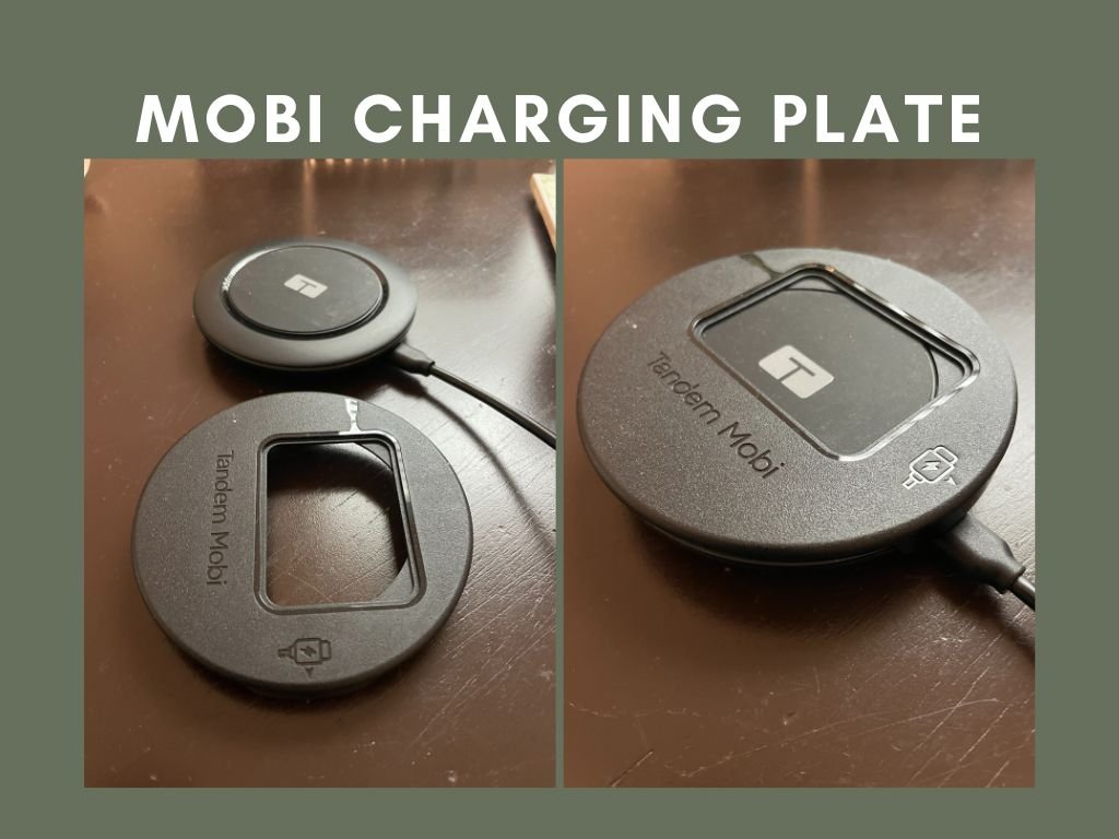 This is an image of the Mobi Charging plate. on the left, the charging plate cover is off but next to the charger. On the right, it shows it attached to the charger.